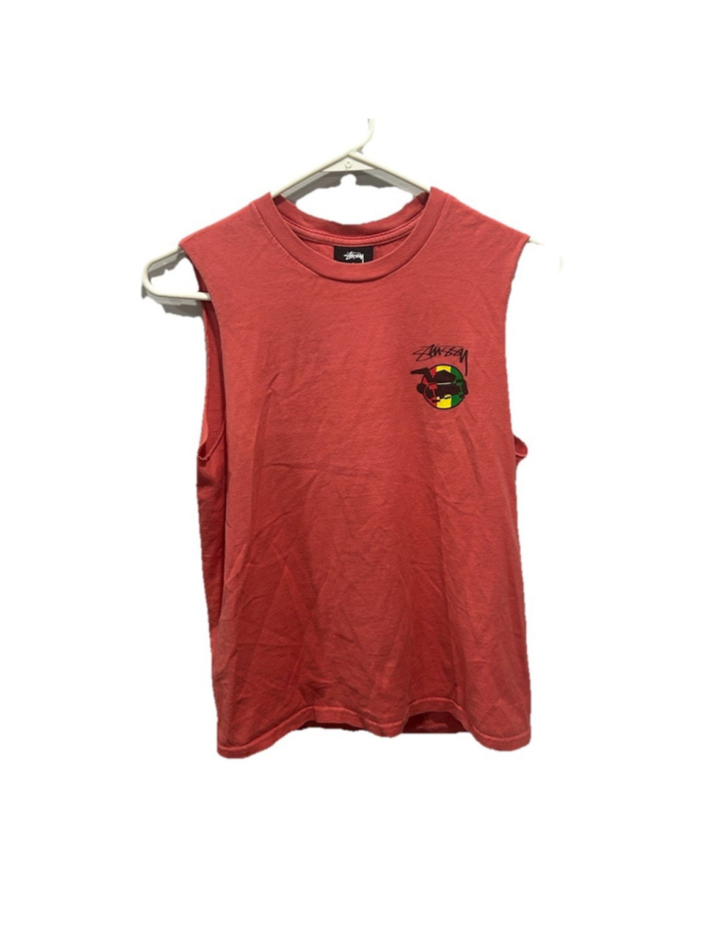 Stussy Men's S Red Sleeveless Graphic Logo Crew Neck T-Shirt
